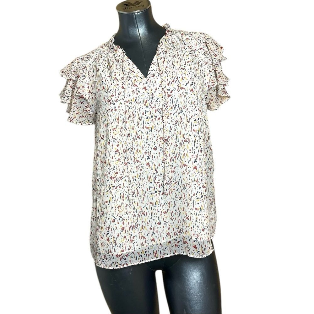 Joie Women’s Paint Splatter Pattern Blouse Shirt Ruffle Sleeve Top Medium